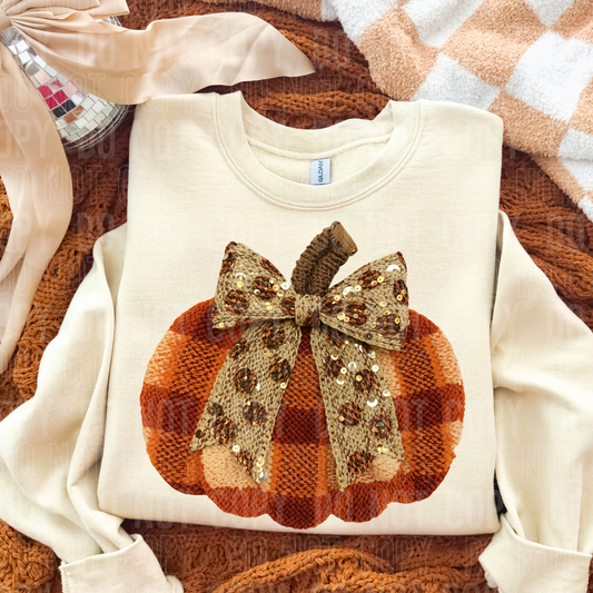 Plaid Pumpkin faux yarn & Sequins tee