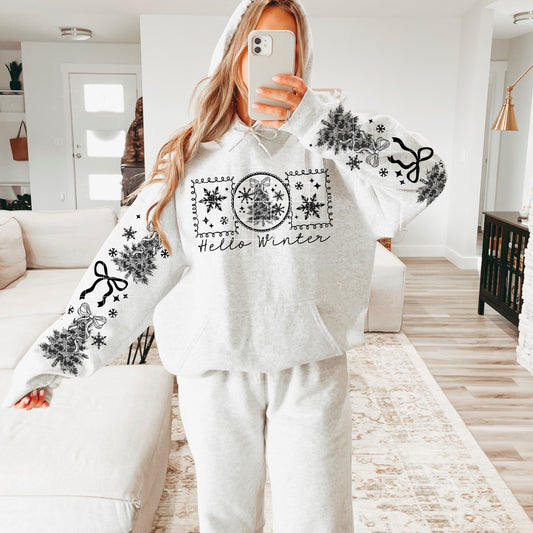 Hello Winter sweatshirt with sleeve designs (black ink)