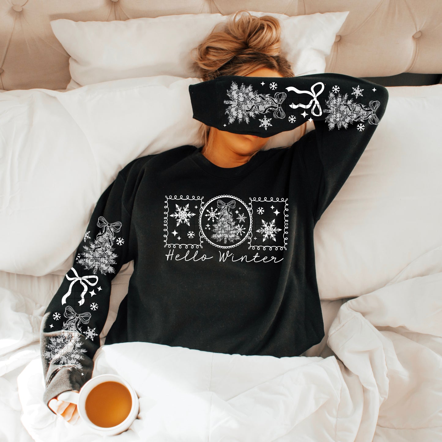 Hello Winter sweatshirt with sleeve designs (white ink)