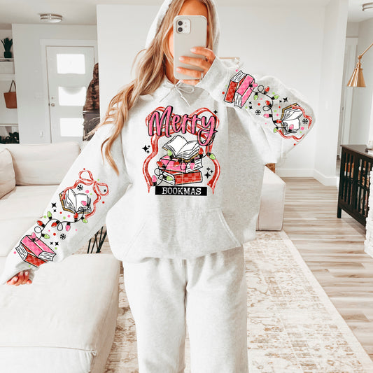 Merry Bookmas sweatshirt with sleeve designs