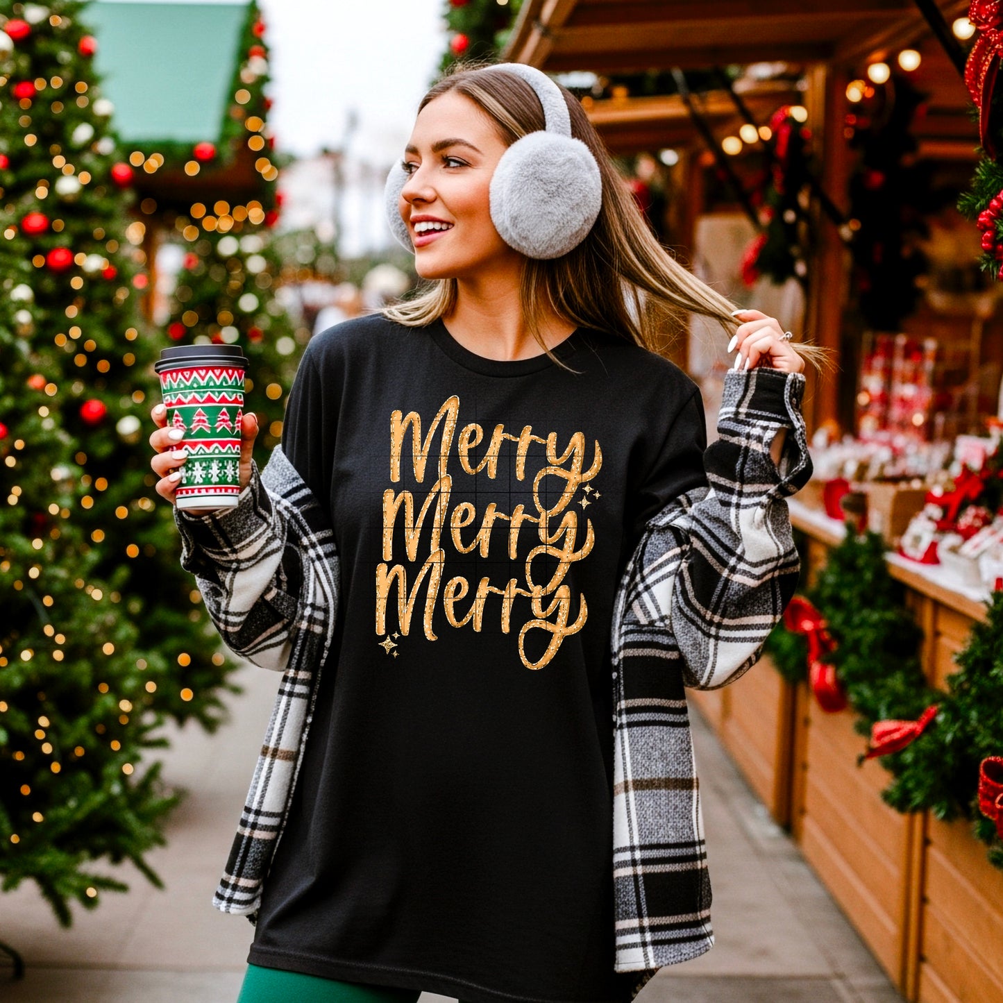Merry stacked faux gold glitter tee