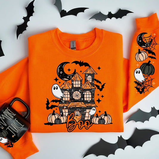 Boo Haunted House sweatsirt w/ sleeve designs