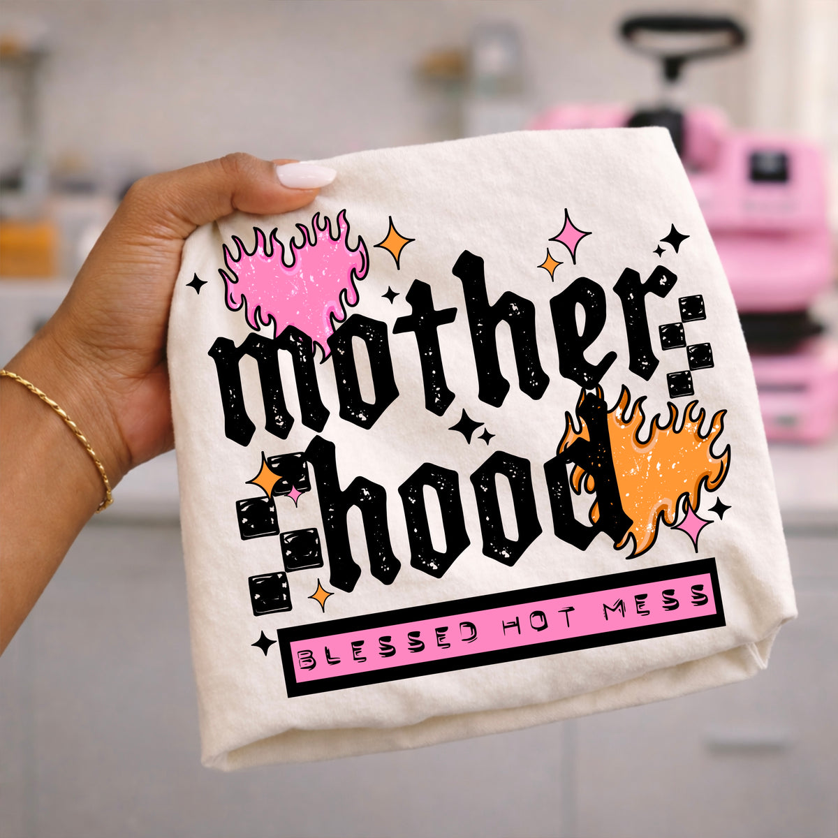 Motherhood Blessed Hot Mess tee (Black Ink)
