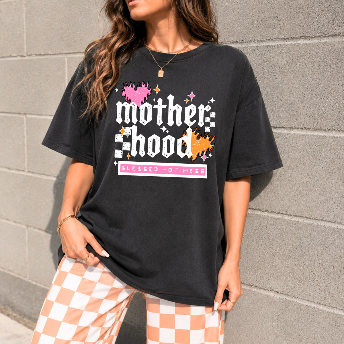 Motherhood Blessed Hot Mess tee (White Ink)