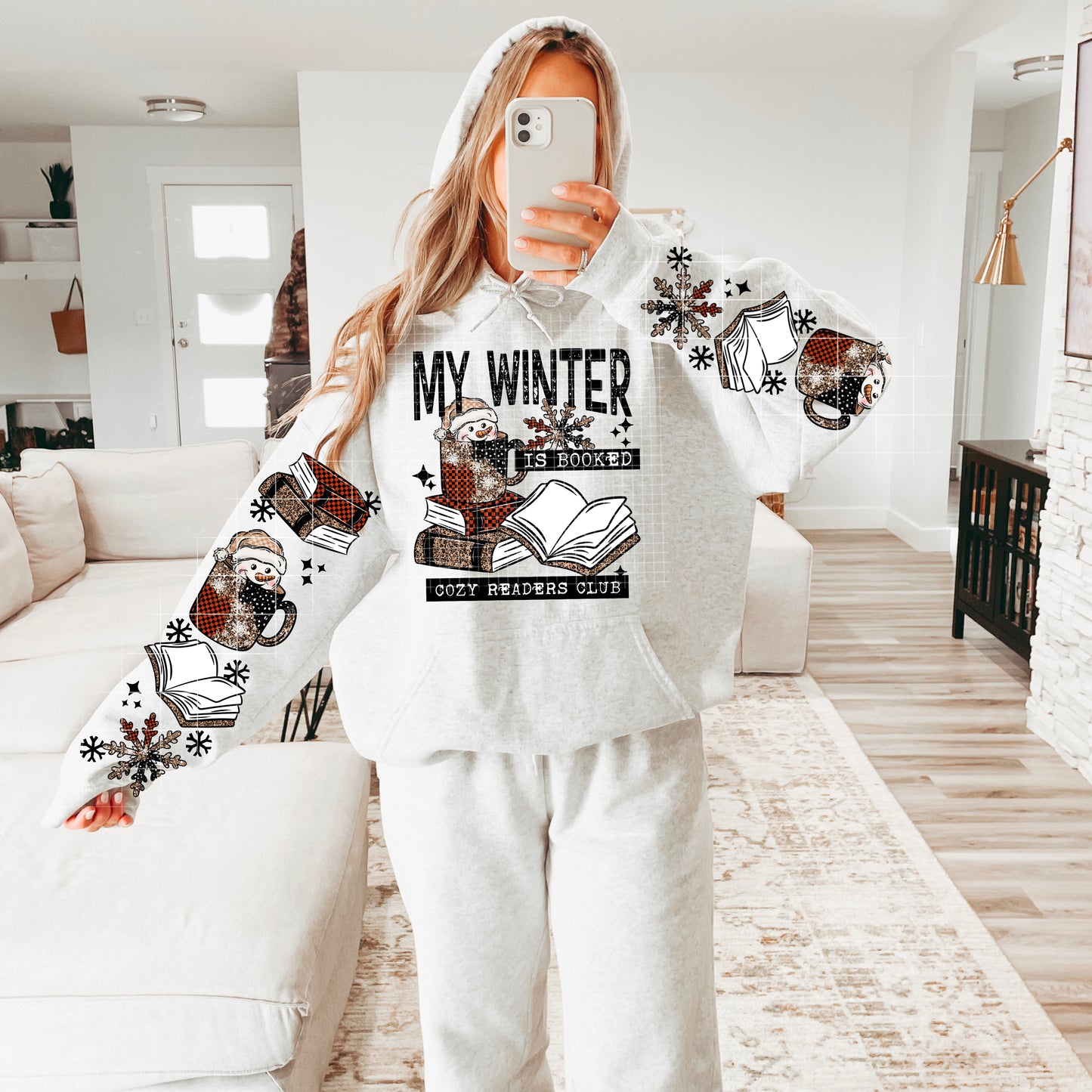Cozy Readers Club sweatshirt with sleeve designs
