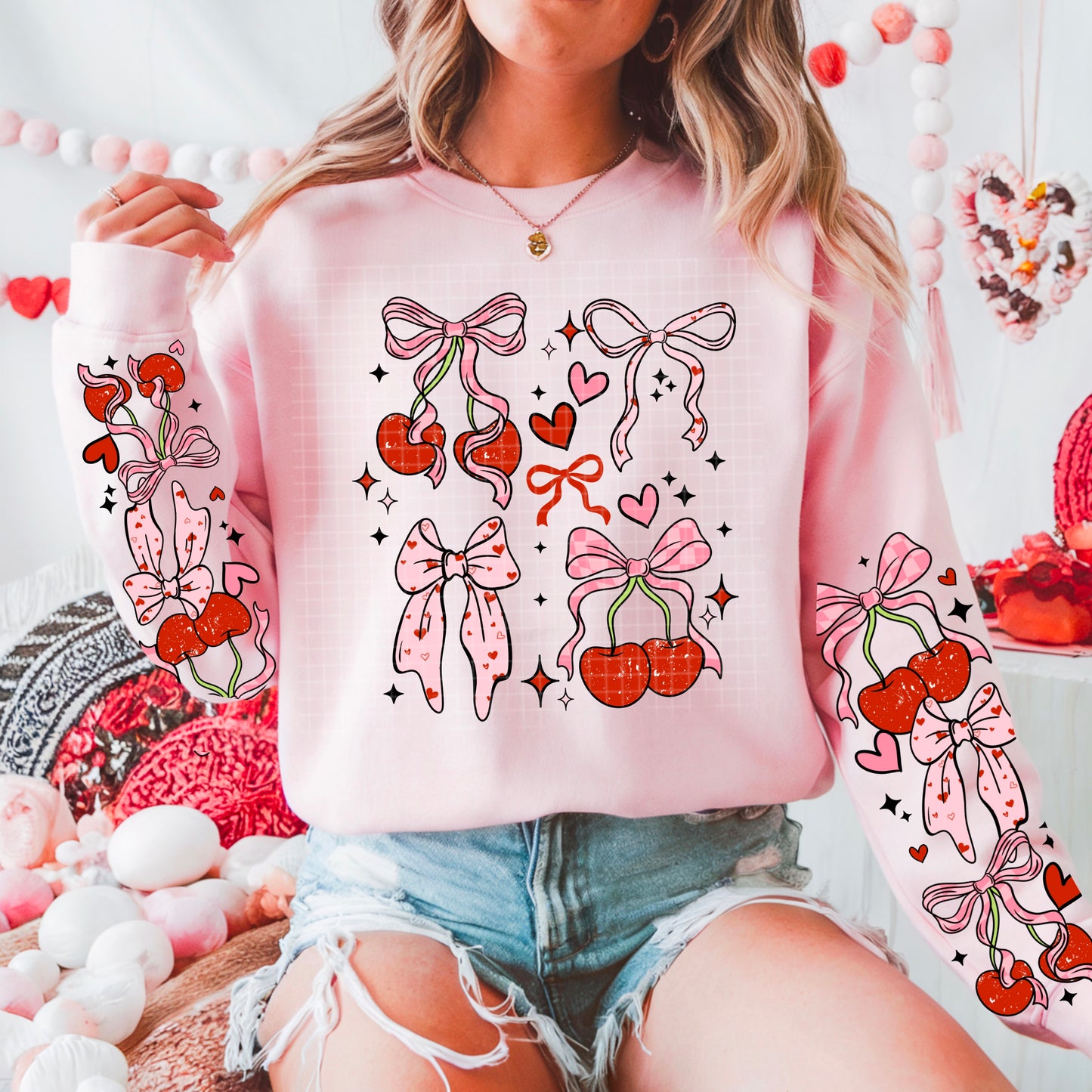 Pink Bows & Cherries sweatshirt with sleeve designs