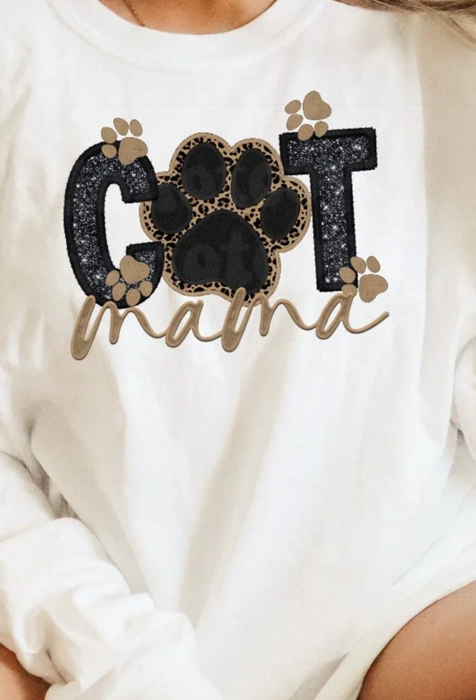 Cat Mama Faux embroidery & Glitter t-shirt