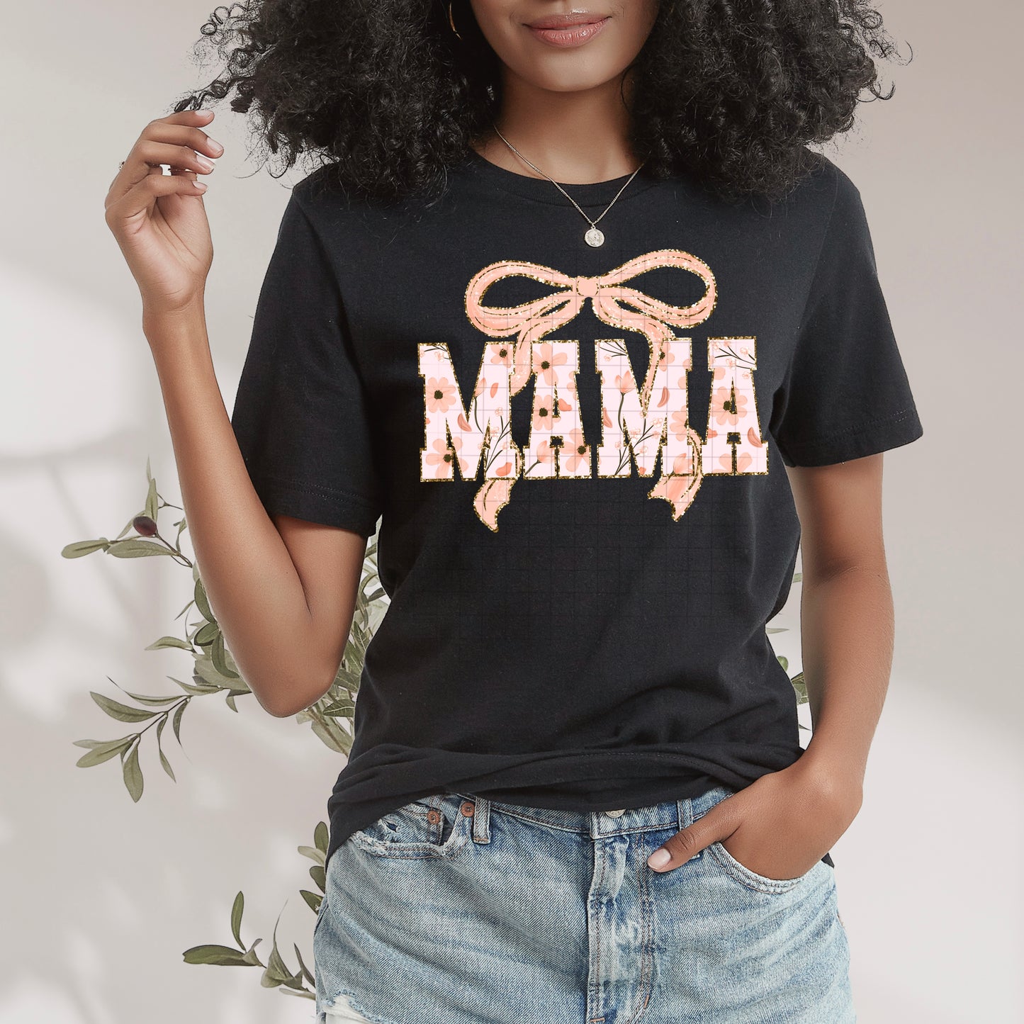 Floral Bow MAMA tee -Peach