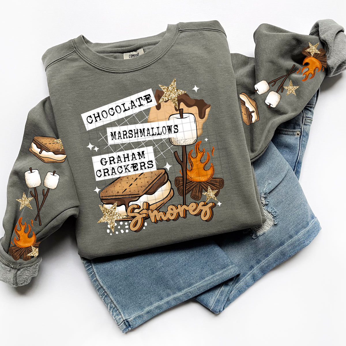 Smores sweatshirt with sleeve designs (White Ink)