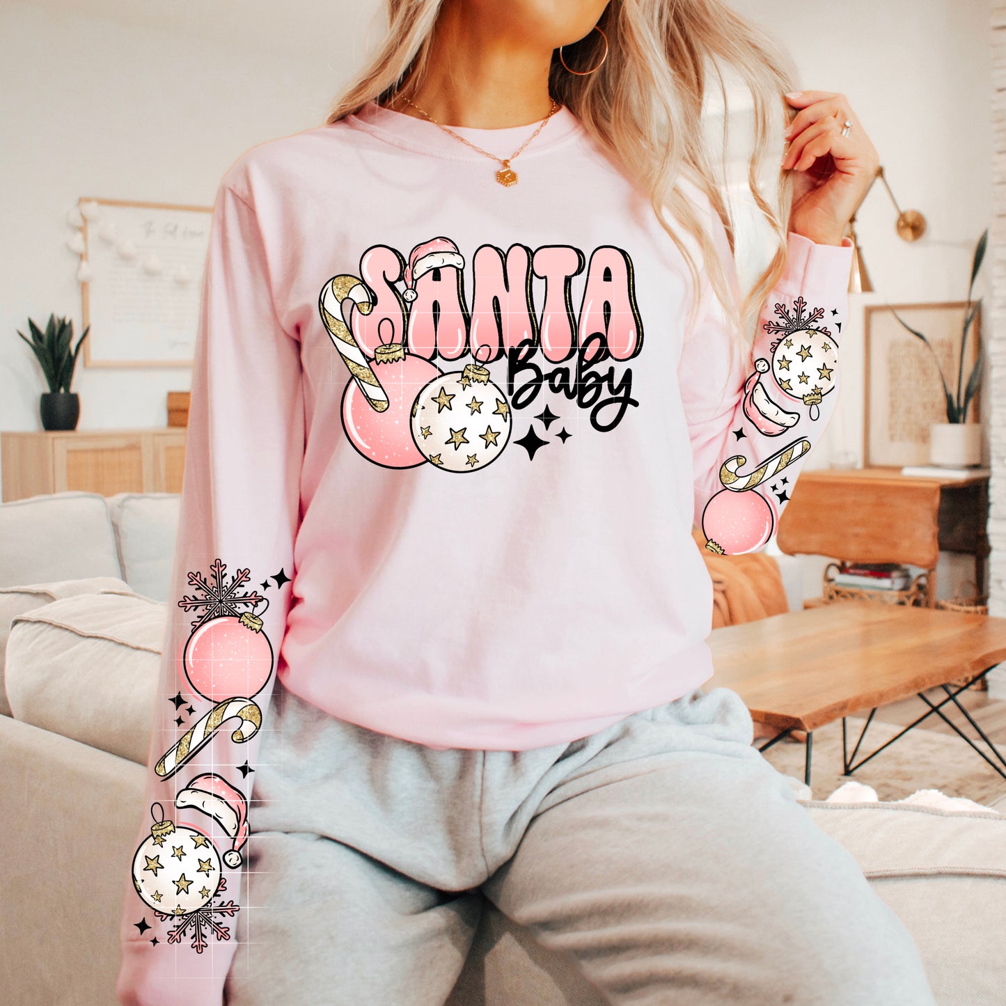 Santa Baby (Pink) sweatshirt with sleeve designs