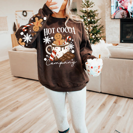 Hot Cocoa Company sweatshirt with sleeve designs (White Ink)