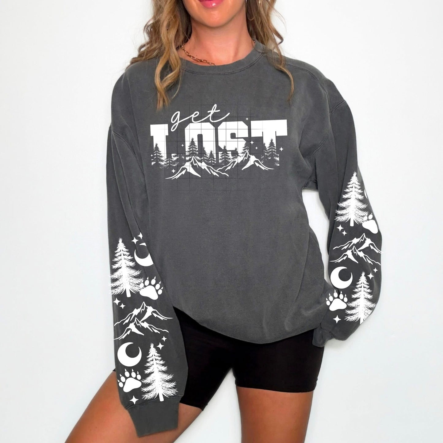 Get Lost sweatshirt with sleeve designs (white ink)