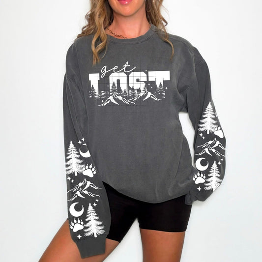 Get Lost sweatshirt with sleeve designs (white ink)