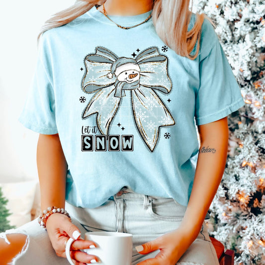 Blue Snowman Bow tee