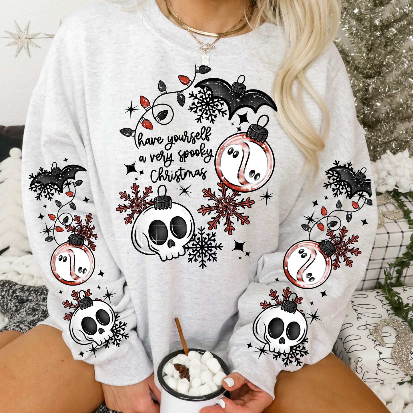 Spooky Christmas sweatshirt with sleeve designs