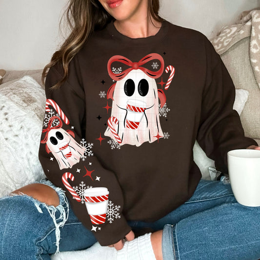 Christmas Ghostie Girl sweatshirt with sleeve designs