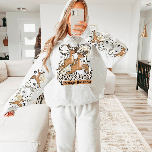 Dashing through the Snow sweatshirt with sleeve designs