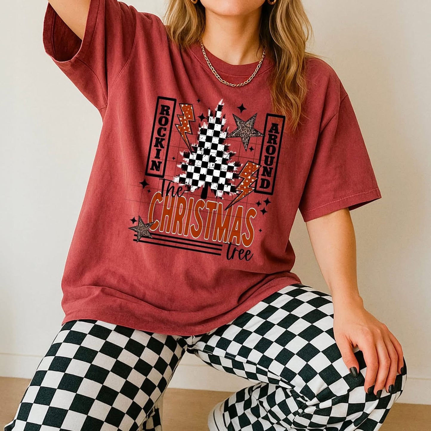 Rocking Around the Christmas Tree checker tee