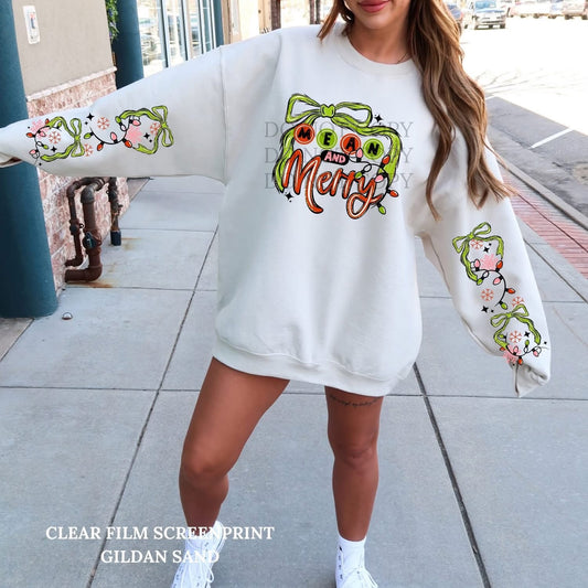 Mean and Merry sweatshirt with sleeve designs