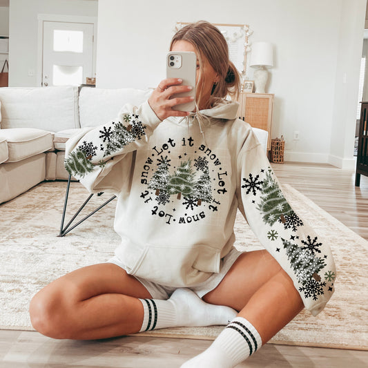 Let it Snow Circle of Trees sweatshirt with sleeve designs (Black Ink)