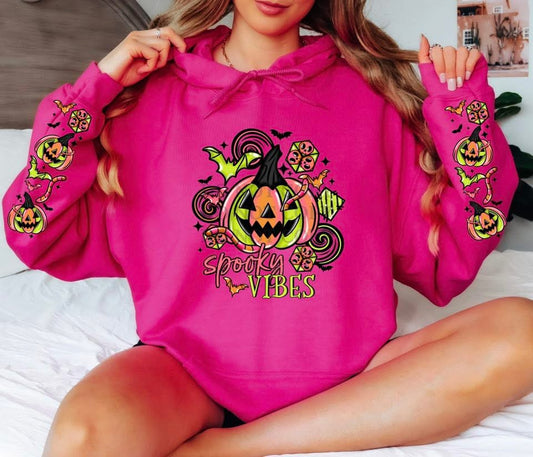 Lime Spooky Vibes sweatshirt with sleeve designs