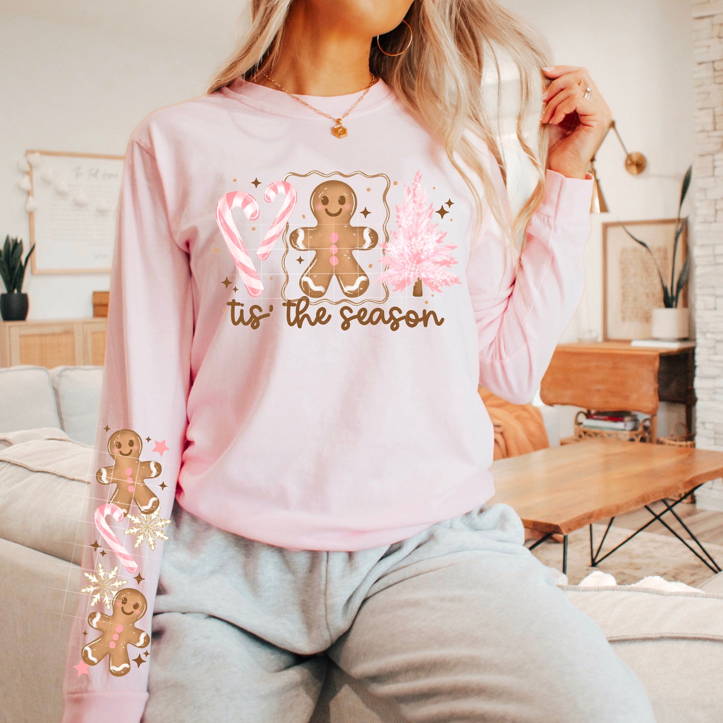 Tis' the Season pink sweatshirt with sleeve designs