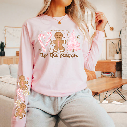 Tis' the Season pink sweatshirt with sleeve designs