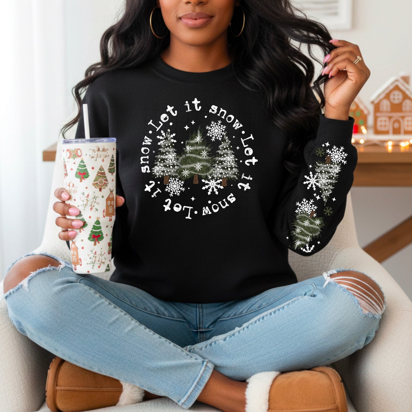 Let it Snow Circle of Trees sweatshirt with sleeve designs (white ink)