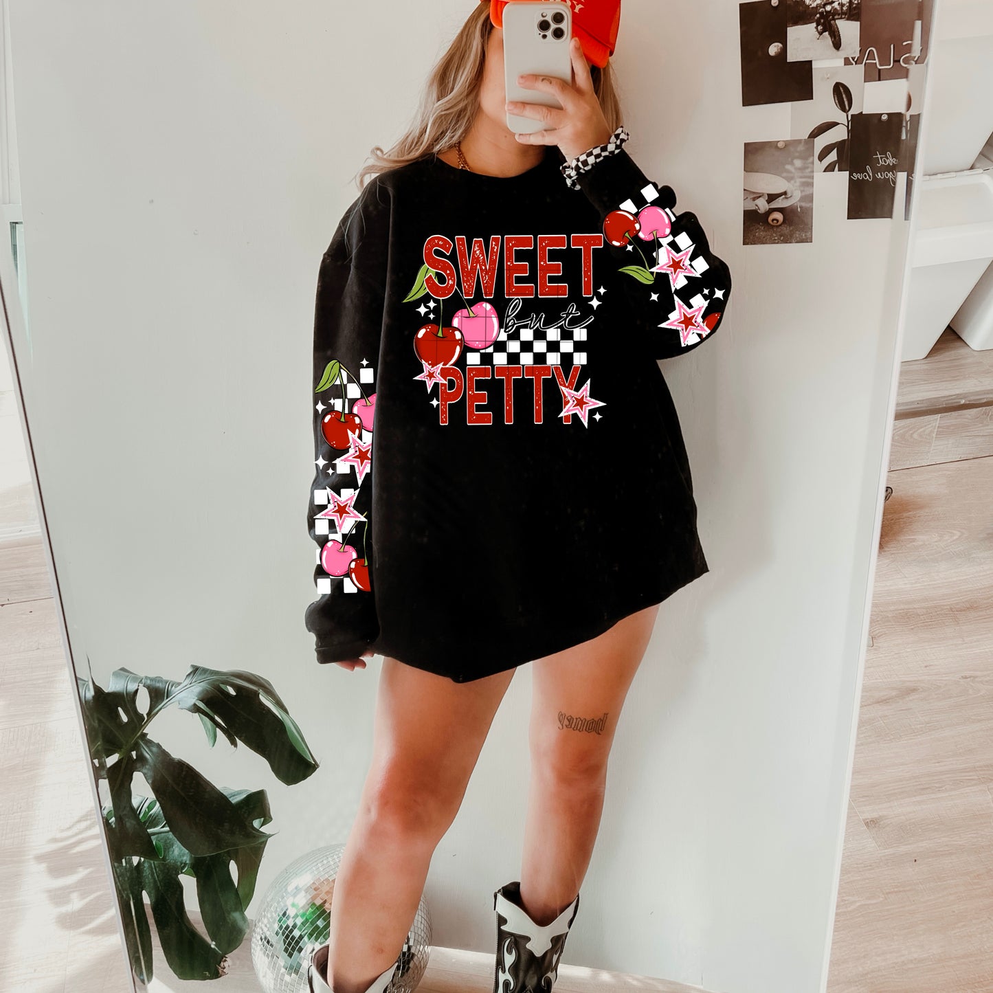 Sweet but Petty sweatshirt with sleeve designs  (White Ink)