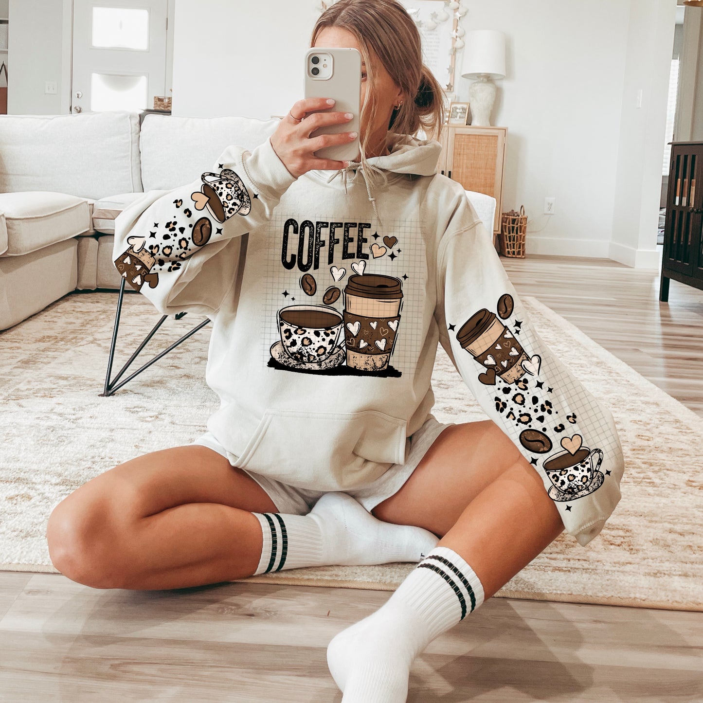 Coffee sweatshirt with sleeve designs