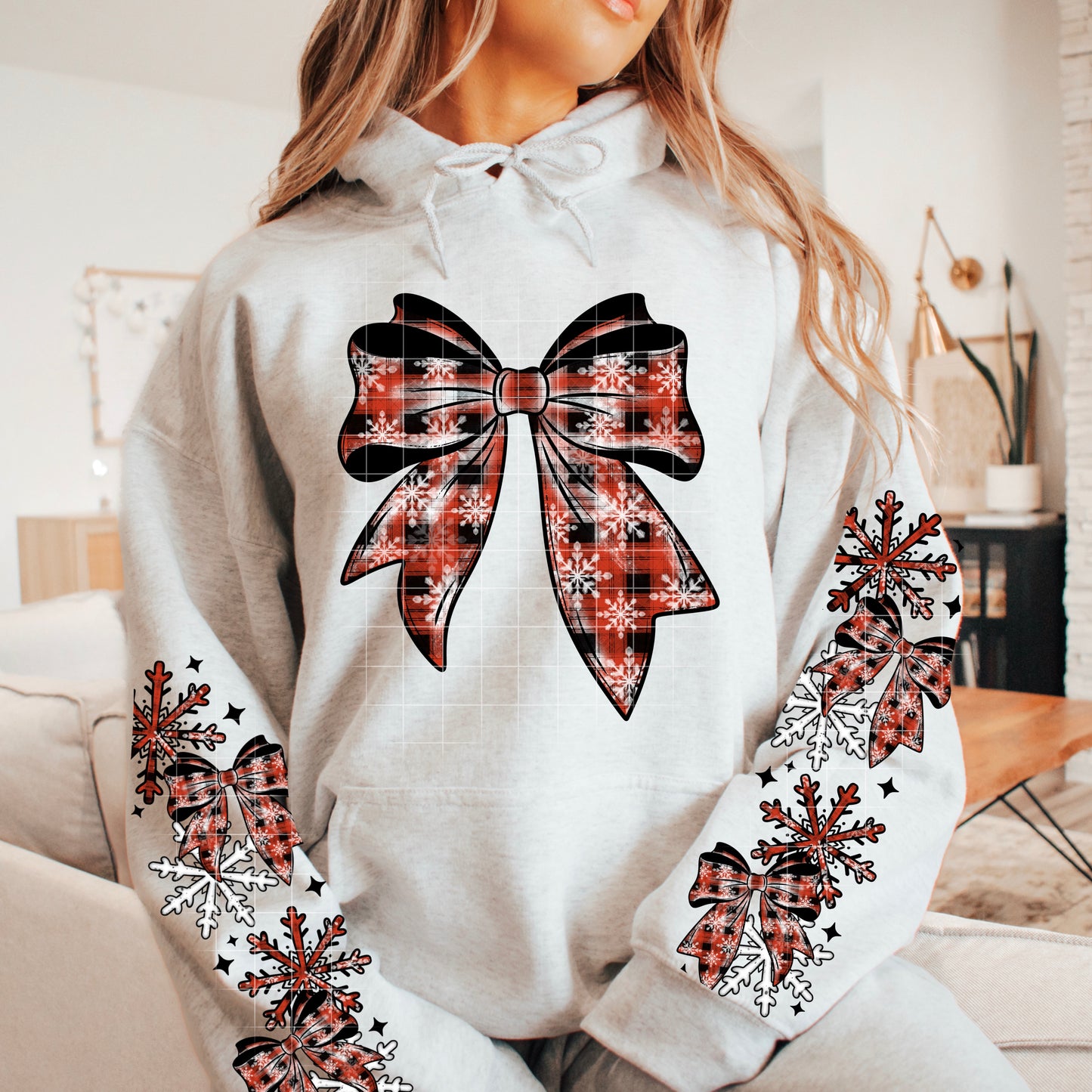 Winter Plaid Bow sweatshirt with sleeve designs