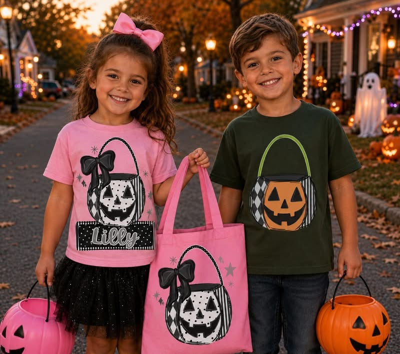 Pumpkin Bucket Bow Nameplate tee -YOUTH