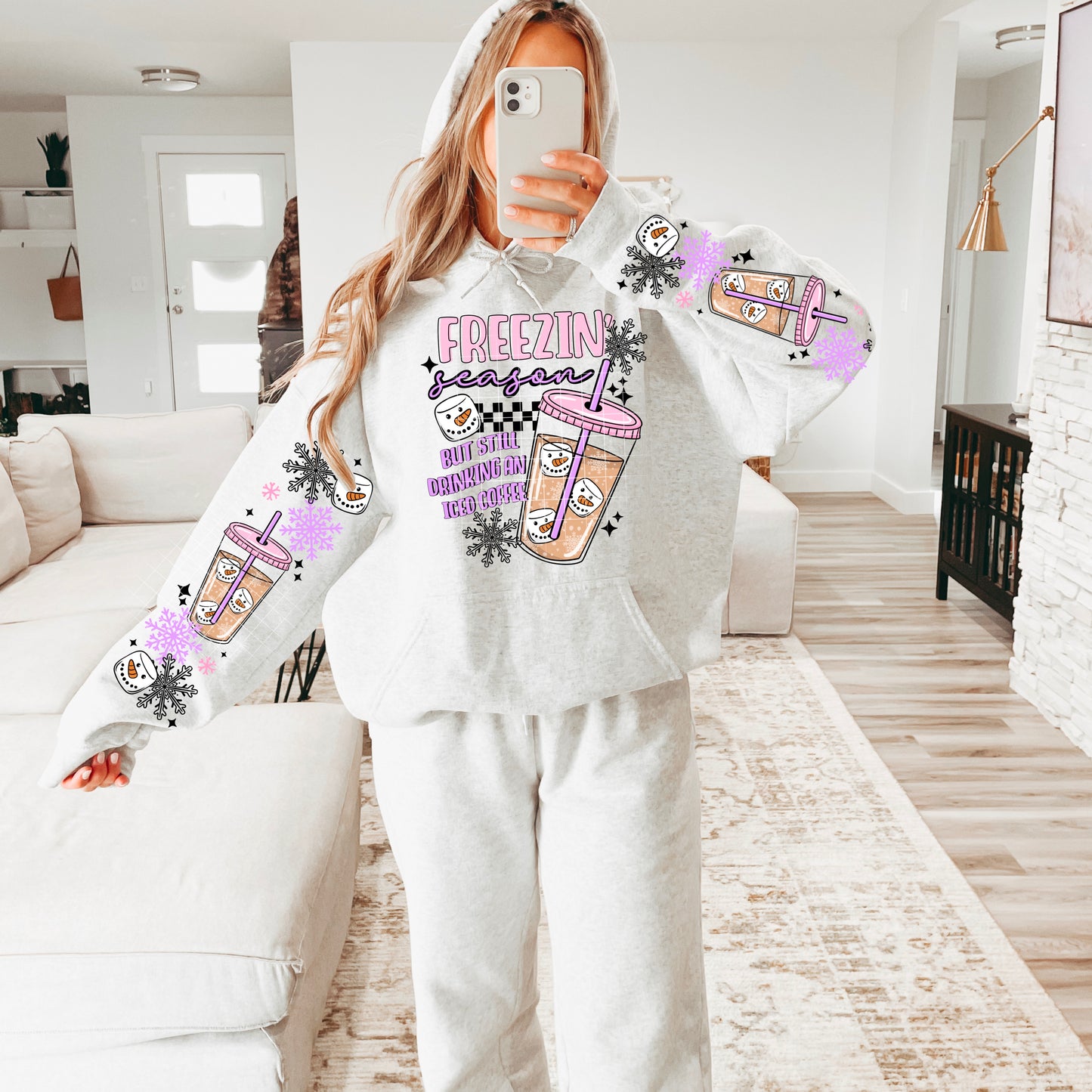 Freezin' Season Iced Coffee sweatshirt with sleeve designs