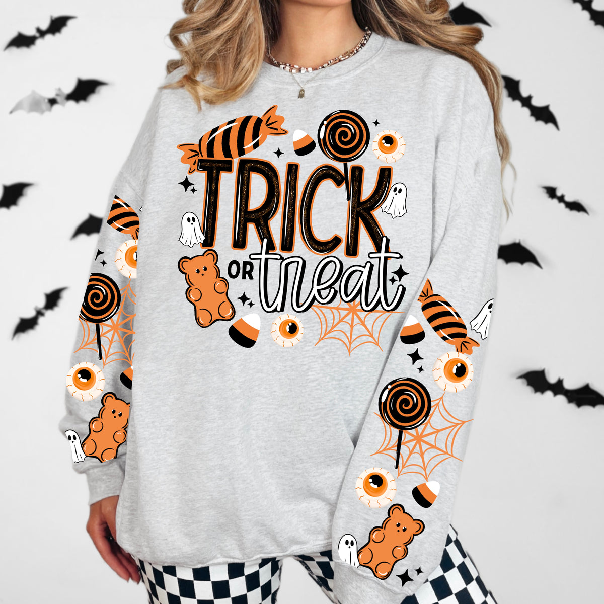 Trick or Treat sweatshirt with sleeve designs