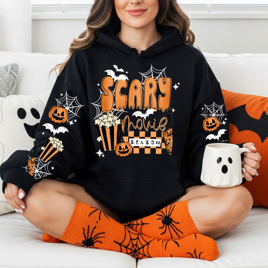 Scary Movie Season sweatshirt with sleeve designs (White Ink)