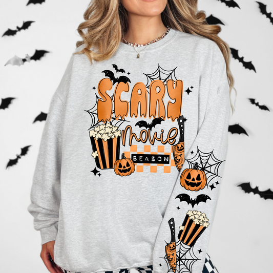 Scary Movie Season sweatshirt with sleeve designs  (Black Ink)