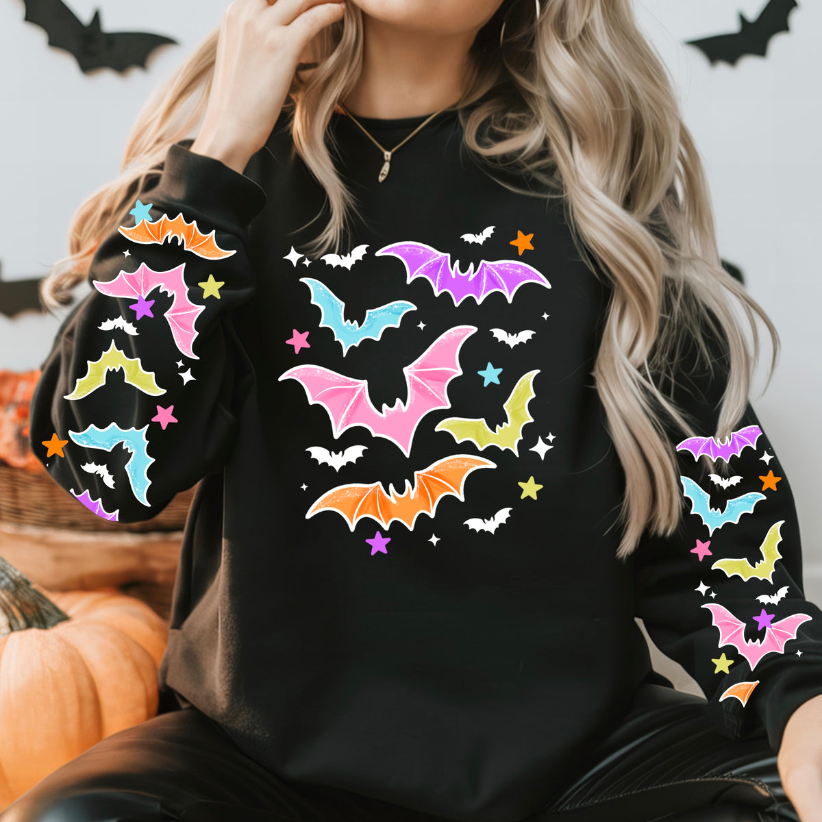 Pastel Bats sweatshirt with sleeve designs (White Ink)