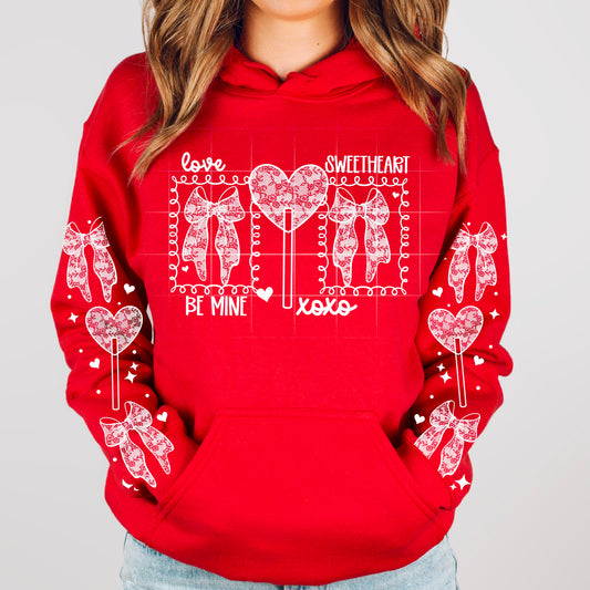Faux Lace Valentine sweatshirt with sleeve designs