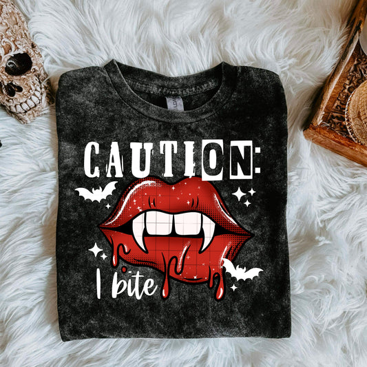 Caution I Bite tee (white ink)