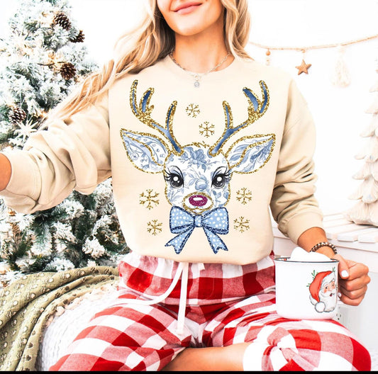 Reindeer, blue & white floral design sweatshirt