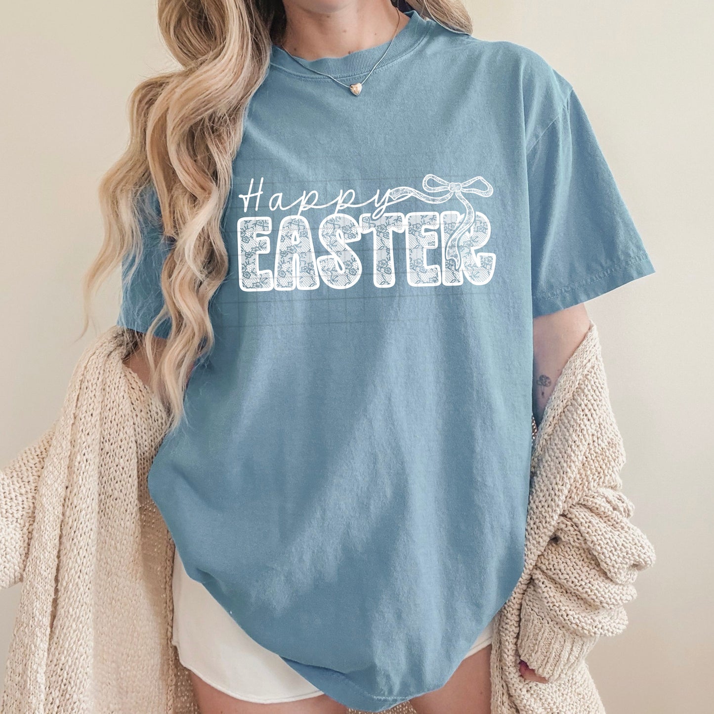 Faux Lace Happy Easter with Bow tee