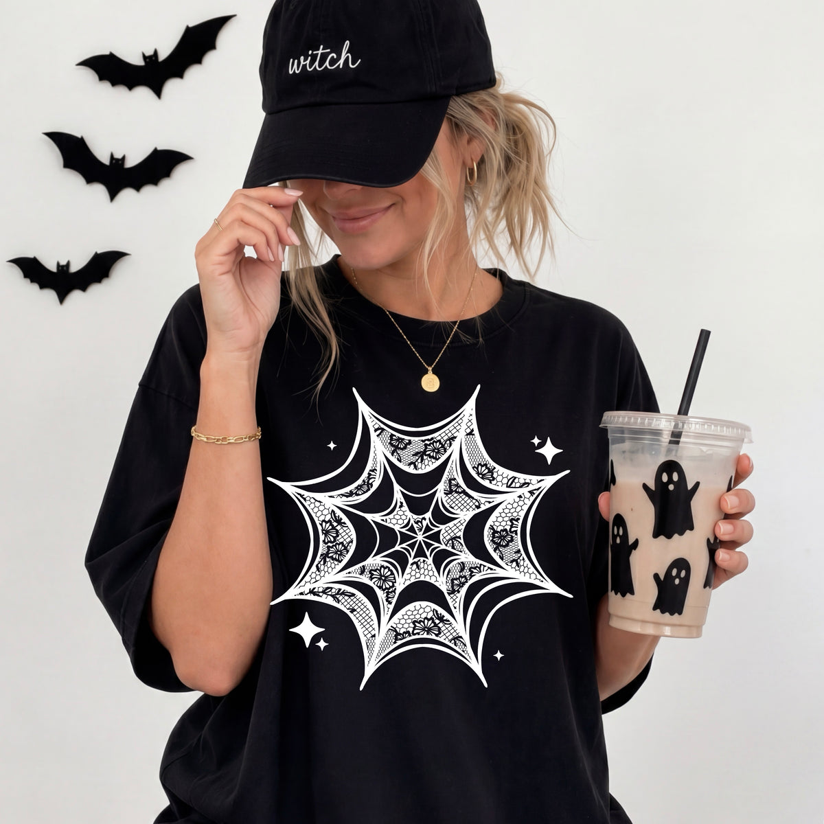 Faux Lace Spiderweb tee (white Ink)