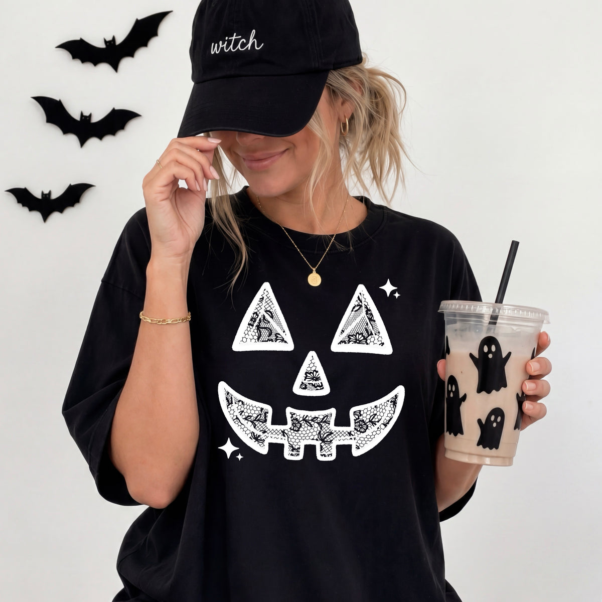 Faux lace White Pumpkin Face tee