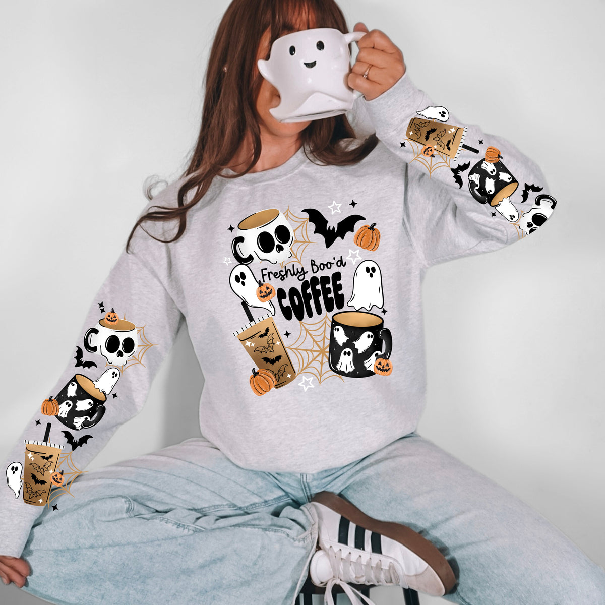 Freshly Boo'd Coffee sweatshirt with sleeve designs