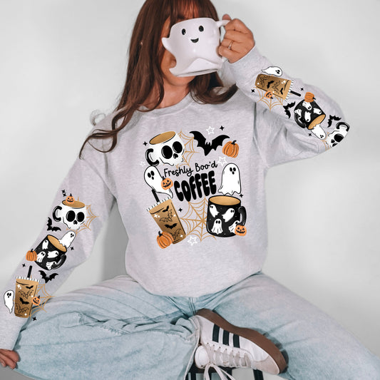 Freshly Boo'd Coffee sweatshirt with sleeve designs