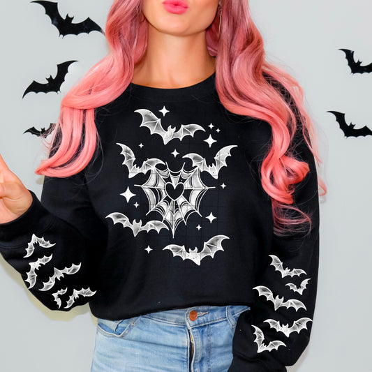 Heart Web Bats sweatshirt with sleeve designs (White Ink)