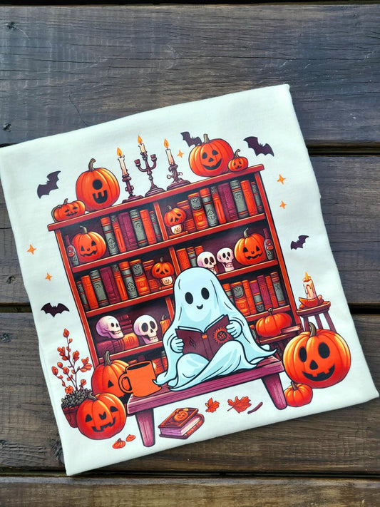 Ghost with bookshelf t-shirt