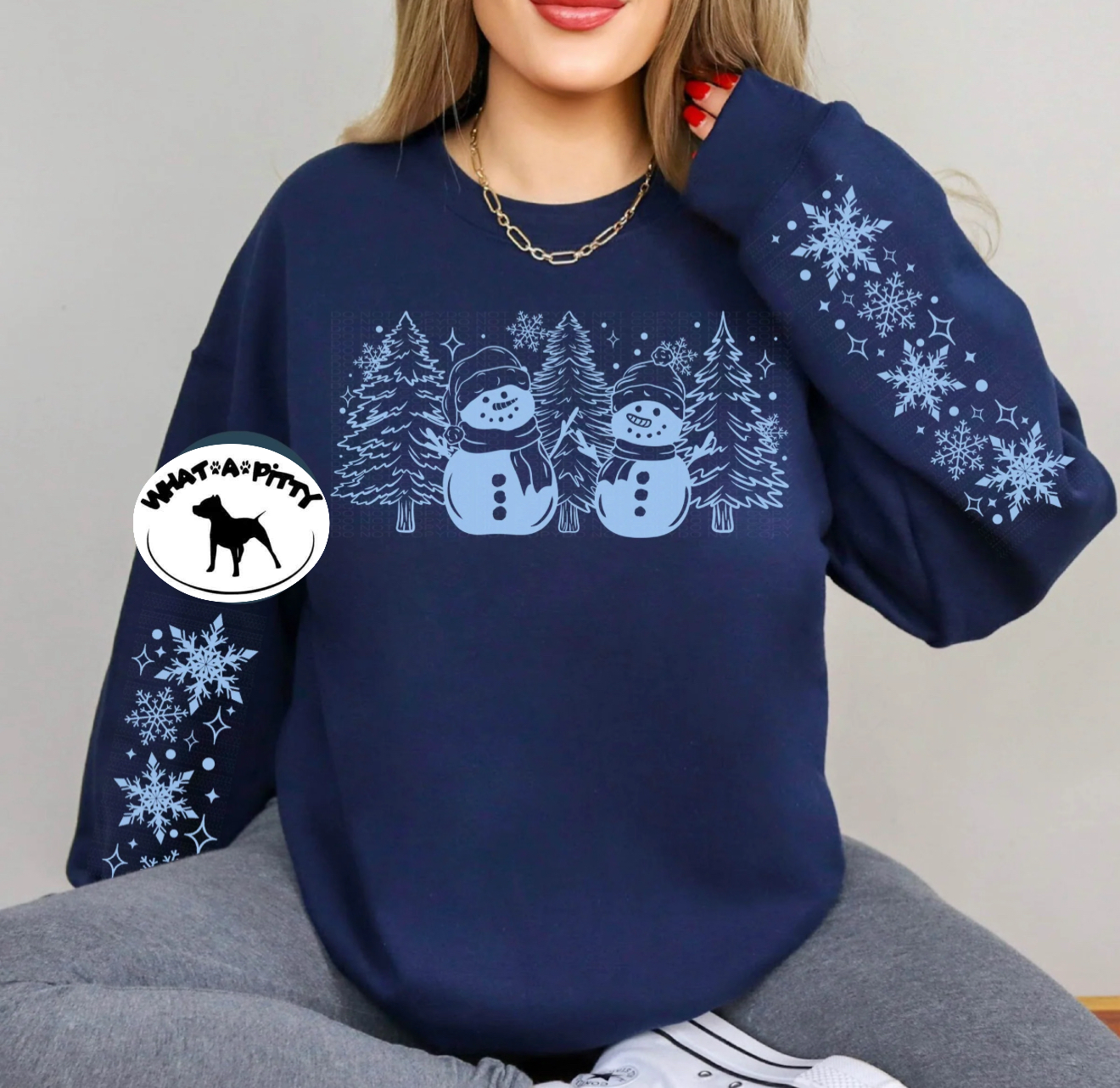 Snowmen Trees sweatshirt with snowflake sleeve designs