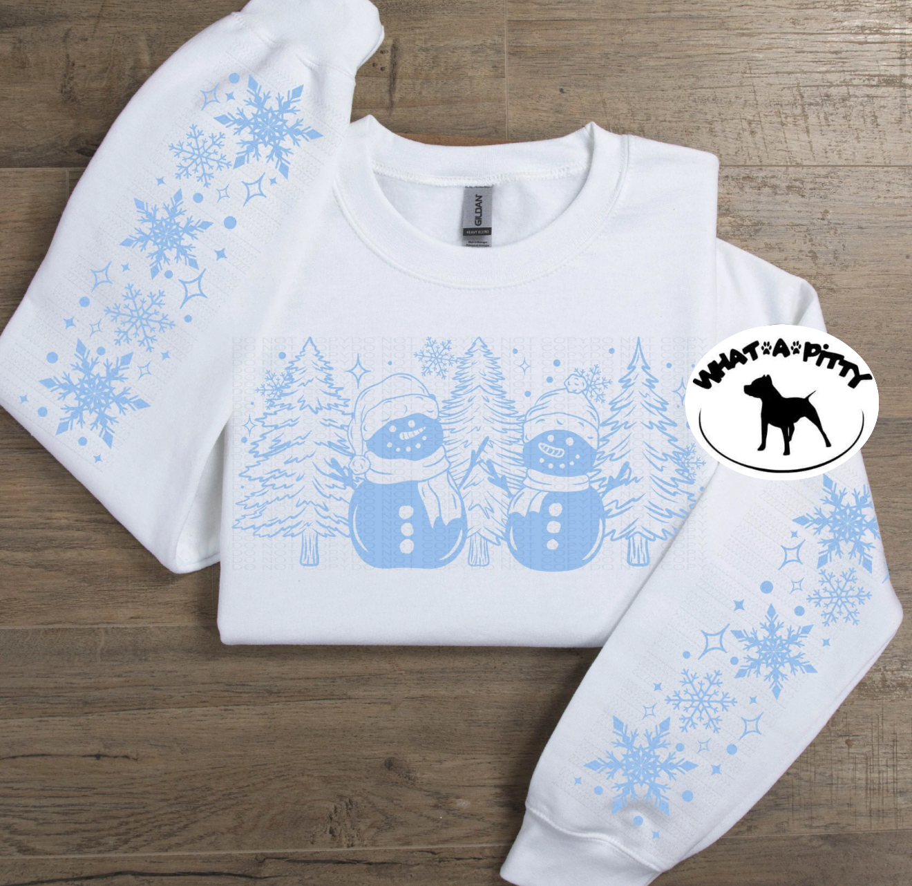 Snowmen Trees sweatshirt with snowflake sleeve designs