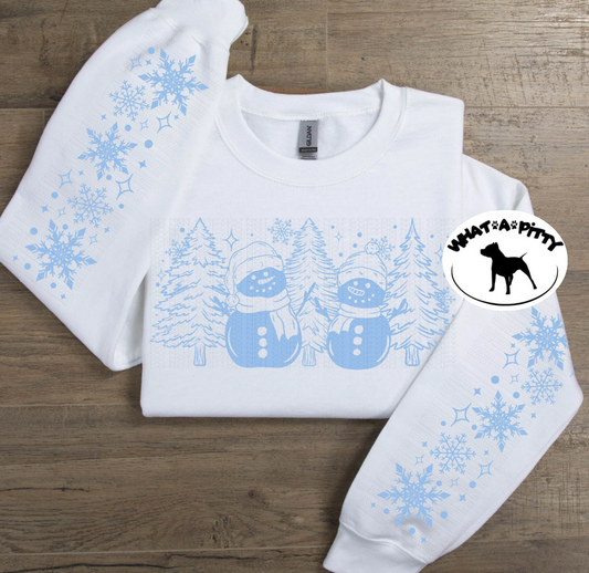 Snowmen Trees sweatshirt with snowflake sleeve designs